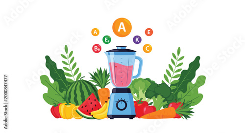 Nutritious fruit smoothie in a blender surrounded by fresh fruits, vegetables, and icons representing essential vitamins.