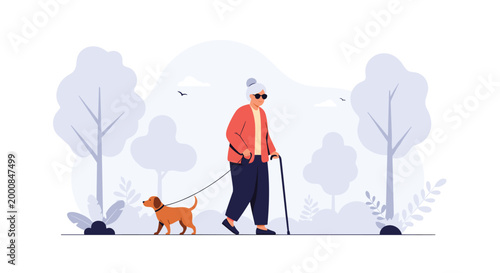 Elderly woman with gray hair walks her friendly small dog through a peaceful park using a walking stick for support.