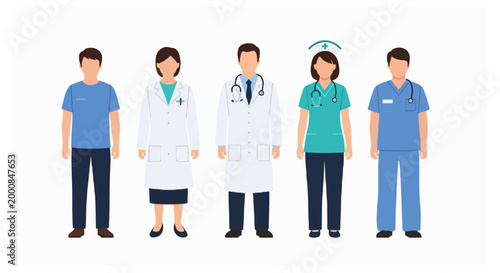 A row of five medical staff members including doctors and nurses in clinical uniforms and white lab coats with medical stethoscopes.