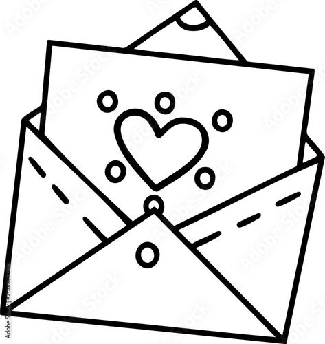 Love letter in envelope line art icon, Valentine greeting card outline illustration, romantic message doodle vector.