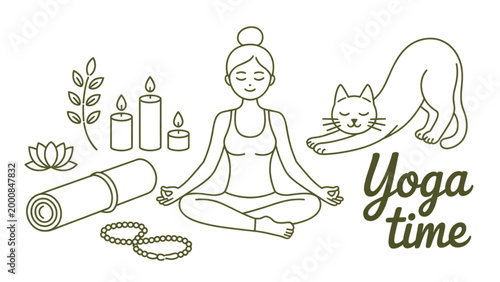 Colorful yoga illustration with people practicing on a sunny outdoor mat Vector
