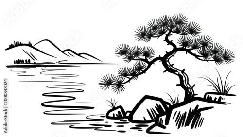 Simple black and white tree on rocky shore by calm water Vector