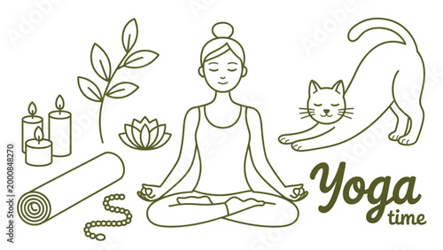 Relaxed people practicing yoga in a peaceful nature setting with animals and flowers Vector