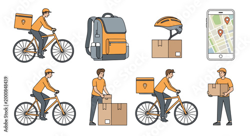 Urban delivery service with couriers riding bicycles carrying packages and using a mobile application for navigation and parcel tracking representing efficient logistics and timely distribution