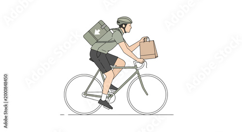 Active person with helmet and delivery bag riding a bicycle quickly through the city holding a shopping parcel for efficient transport and express service