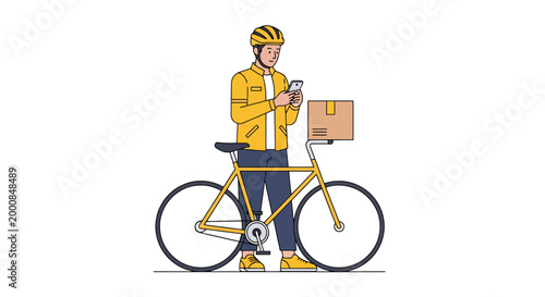 A courier wearing a helmet and yellow jacket rides a bicycle with a package box mounted on the rear looking at a mobile device for delivery coordination and route planning information