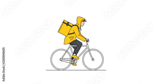 Person wearing a yellow hooded jacket and carrying a large yellow insulated delivery bag on their back rides a bicycle with a white outline conveying a sense of speedy and efficient food or
