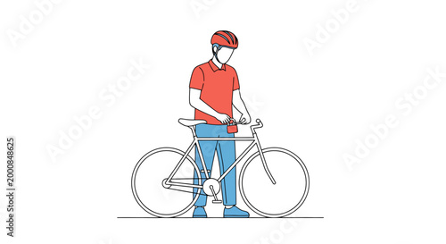 A person wearing safety headgear stands next to a two wheeled cycle vehicle preparing for outdoor recreational activity or urban commuting conveying a sense of preparedness and active lifestyle