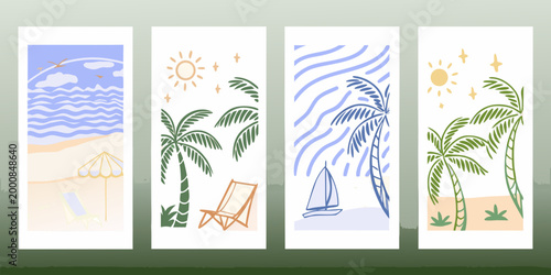 four minimalist summer themed cards with beach scenes and palm trees high quality professional detailed