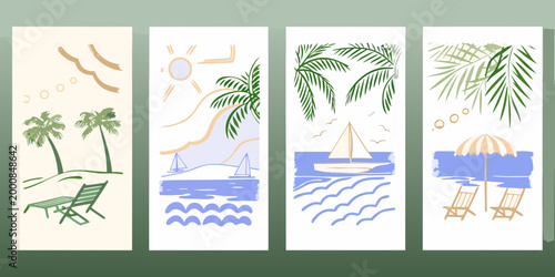four minimalist summer themed cards with palm trees beach chairs and sailboats high quality professional