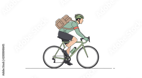 Active person riding a bicycle wearing a helmet and carrying gear on their back enjoying healthy outdoor transportation and a leisurely cycling tour across the land