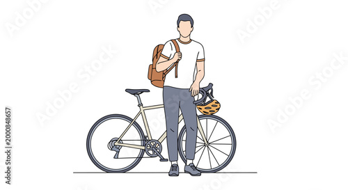 Young man with backpack standing next to a bicycle and helmet ready for outdoor adventure and urban commuting conveying freedom and active lifestyle choices appropriate for travel and recreation