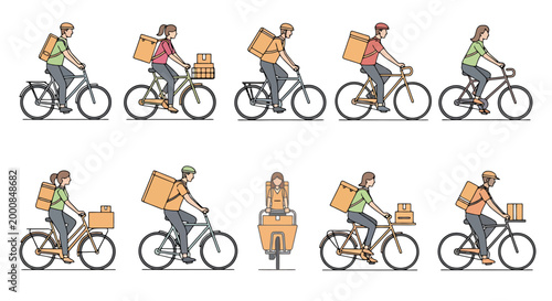 Diverse individuals enthusiastically cycling with parcels and backpacks showcasing various delivery and transport methods using bicycles in an urban setting for swift logistics solutions