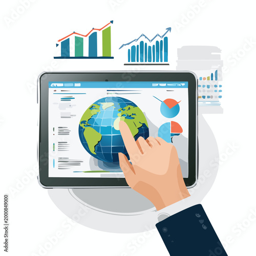 Tablet showcasing global data analytics with charts and hand interaction