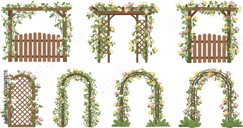 Wooden Garden Arch Fence Vector Set with Climbing Roses Pink Yellow Flowers and Trellis Designs