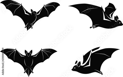 Bat silhouettes collection showing flying and hanging positions isolated on white background for wildlife design, Halloween themes, and nocturnal animal illustration