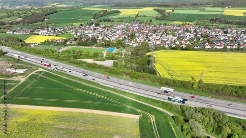 Idstein, Germany - April 23, 2026: Aerial view of dense traffic on German highway A3 between Bad Camberg and Idstein.