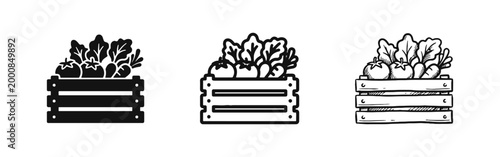 Fresh Vegetable Crate Icon Set - Organic Farm Harvest Symbols