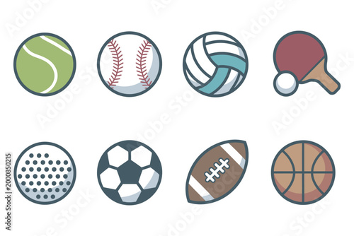 Sports equipment icon set, eight stylized sports balls and gear symbols, athletic game concept collection