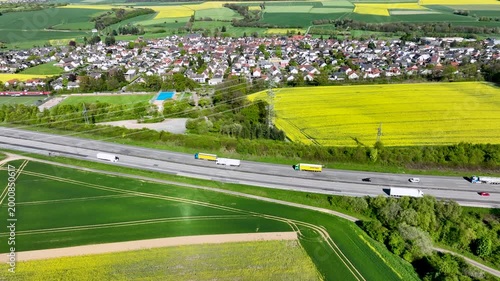 Idstein, Germany - April 23, 2026: Aerial view of dense traffic on German highway A3 between Bad Camberg and Idstein.
