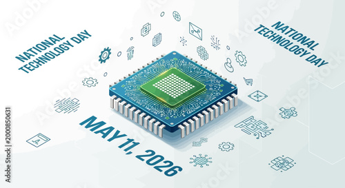 Isometric vector illustration of a central processing unit (CPU) chip, celebrating National Technology Day on May 11, 2026