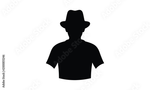 Man in fedora hat vector silhouette illustration, male torso line art profile.