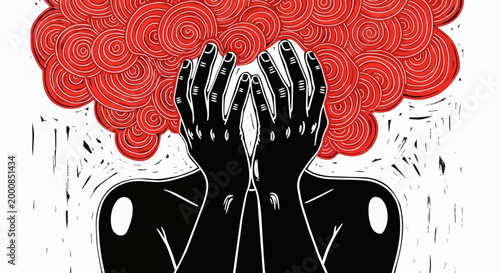 Stress, anxiety, frustrated person. Emotional turmoil, mental health, overwhelmed. Red swirl thoughts