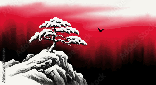 Bonsai tree, snowy mountain, red sunset, minimalist landscape