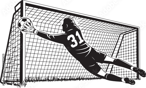 Goalkeeper diving to catch soccer ball in net
