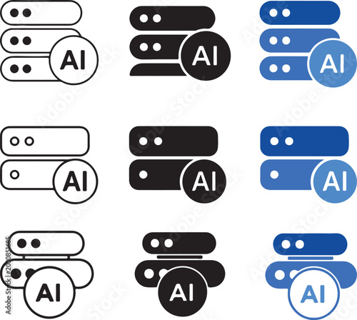AI Server Icon Set – Artificial Intelligence Database and Cloud Storage Vector Collection in Outline, Solid and Blue Styles