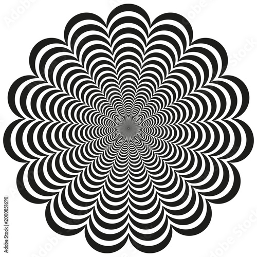 Scalloped concentric circular pattern creates hypnotic optical illusion vector. Geometric flower works for psychedelic art design.