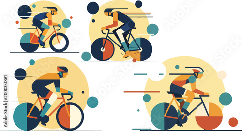 Geometric cycling athlete vector set, professional road bike racing illustrations, minimalist flat style cyclists in motion for sports branding