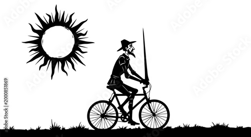 Vintage Don Quixote silhouette riding a bicycle, medieval knight on bike with lance vector, surreal literary character illustration under a sun