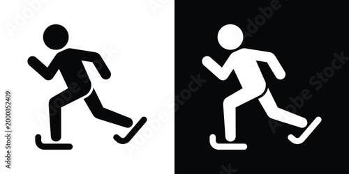 Minimalist vector icon of a person ice skating. Flat design, isolated on black and white backgrounds. Ideal for winter sports, recreation, and athletic activity designs.