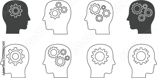 Stylized human head outlines with gears inside symbolizing cognition, intelligence, problem solving, innovation, psychology, abstract thinking, mechanical processes