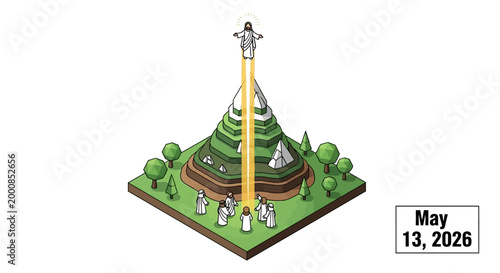 Ascension of Jesus Christ from a stepped pyramid, divine light beam, people gathered below, isometric vector illustration