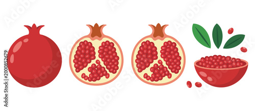 Fresh pomegranate icons set, whole fruit and sliced halves with seeds and leaf detail, tropical organic nutrition concept, healthy food and juice illustration, modern clean vector style