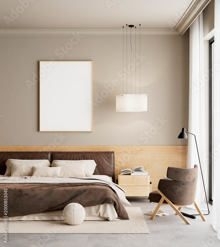 Modern bedroom with brown bed and blank poster frame mockup on neutral wall featuring minimal luxury design and natural lighting. 3D illustration