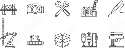 Industrial tools and factory vector set including machinery robotics camera bridge welding equipment and manufacturing icons