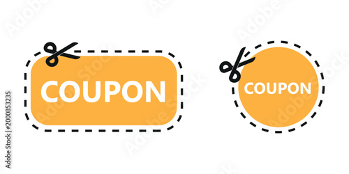 Orange coupon icons with scissors and dashed cut lines representing discount offers and sale promotions on a white background