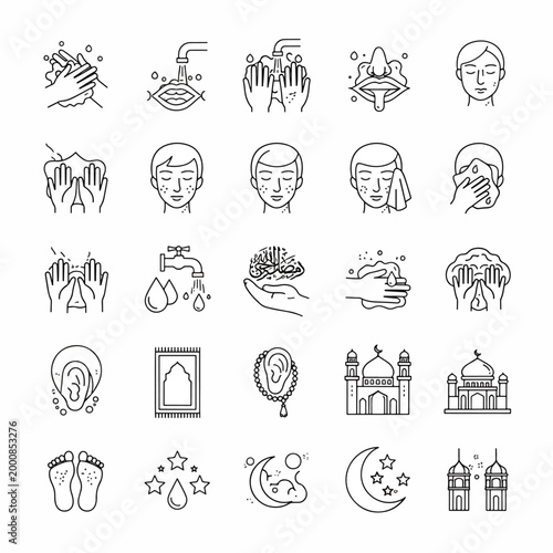 Islamic Wudu and Taharah Steps Line Art Icons Collection, Abstract Symbols of Purity, Prayer, and Islamic Rituals
