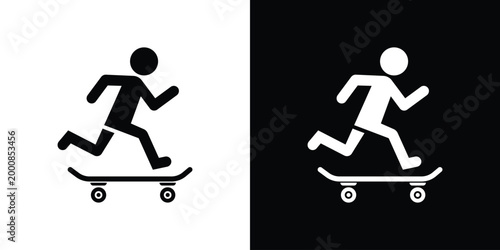 Simple vector icon of a person skateboarding. Flat design, isolated on black and white backgrounds. Perfect for sports, leisure, and active lifestyle concepts.