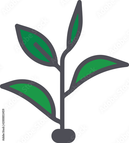 Green plant sapling icon with charcoal gray outlines and organic leaves on gray background.