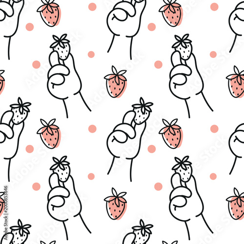 An outline pattern with a hand holding a strawberry.