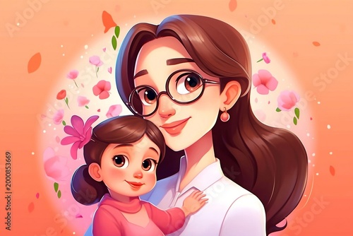 Happy mothers day, beautiful mother and daughter character, hand drawn chibi cartoon art illustration. Generative AI