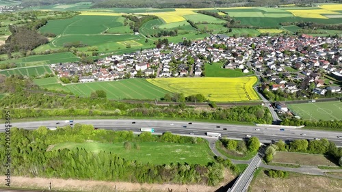 Idstein, Germany - April 23, 2026: Aerial view of dense traffic on German highway A3 between Bad Camberg and Idstein.