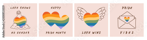Hand-drawn doodle Pride Month pastel vector poster set.Illustration for supporting freedom lgbt, lgbtq, lgbtqia, sexual diversity, gay, community: rainbow heart, potion bottle, winged heart, envelope.
