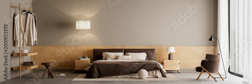 Modern bedroom interior with brown bed and wide negative space composition featuring minimal luxury design ideal for banner and web header use. 3D illustration