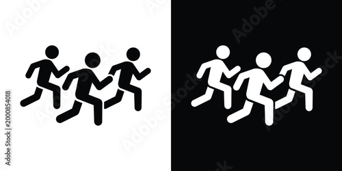 Silhouette icon set of a group of people running. Isolated on black and white backgrounds. Represents athletics, team sports, marathons, cardio training, and group exercise activities for modern desig