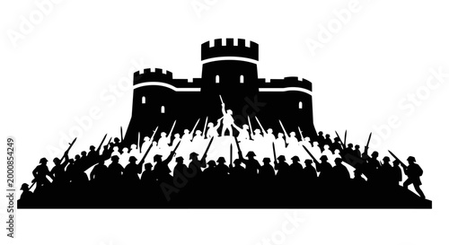 A large group of people are gathered in front of a castle